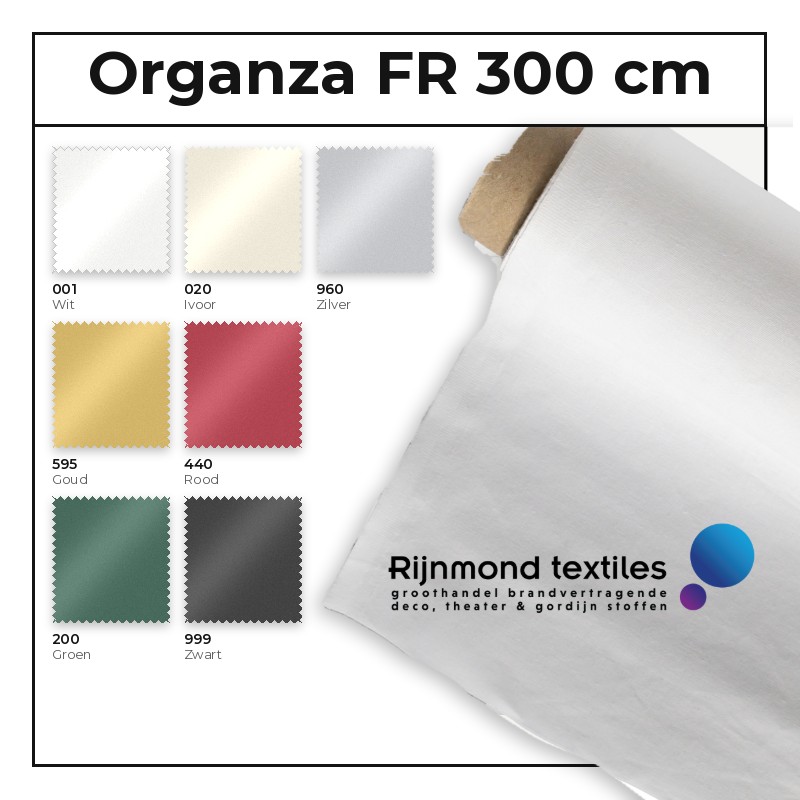 Brandvertragende organza 30 gr/m² 300 cm in 7 kleuren – Rijnmond Textiles