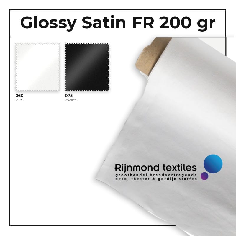 Glanzend satijn glossy satin FR 200 gr/m² 305 cm in wit en zwart – Rijnmond Textiles