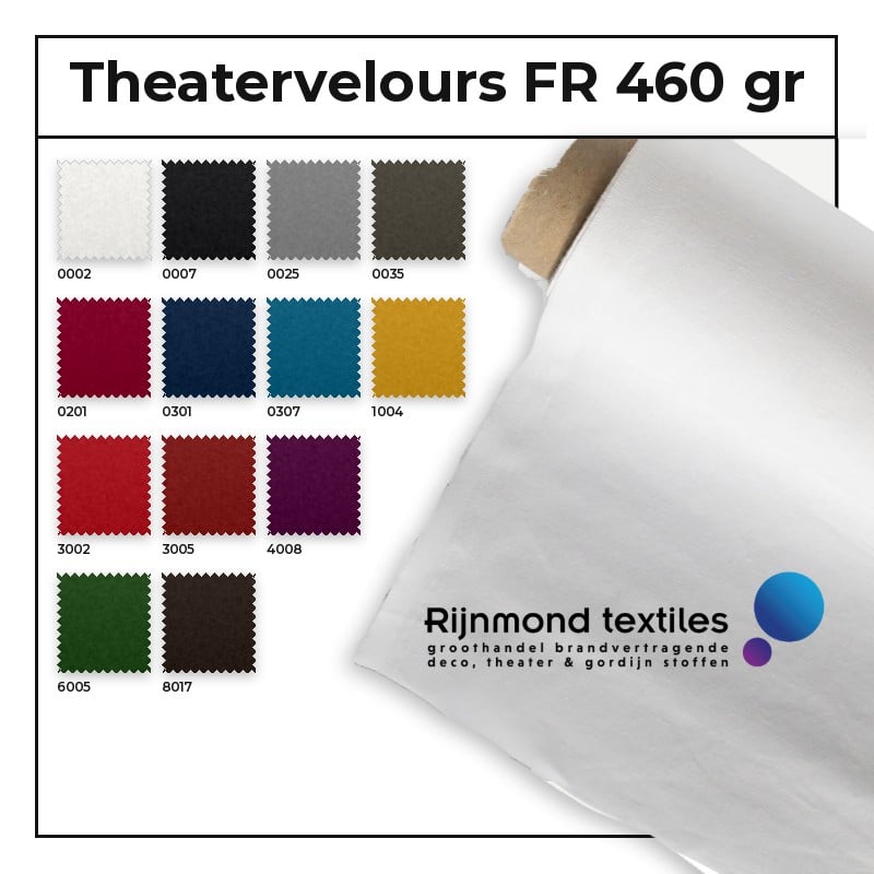 Theatervelours polyester FR 460 gr/m² 210 cm in 13 kleuren – Rijnmond Textiles