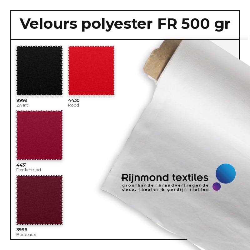 Zwaar velours polyester FR 500 gr/m² in zwart, rood, donkerrood en bordeaux – Rijnmond Textiles